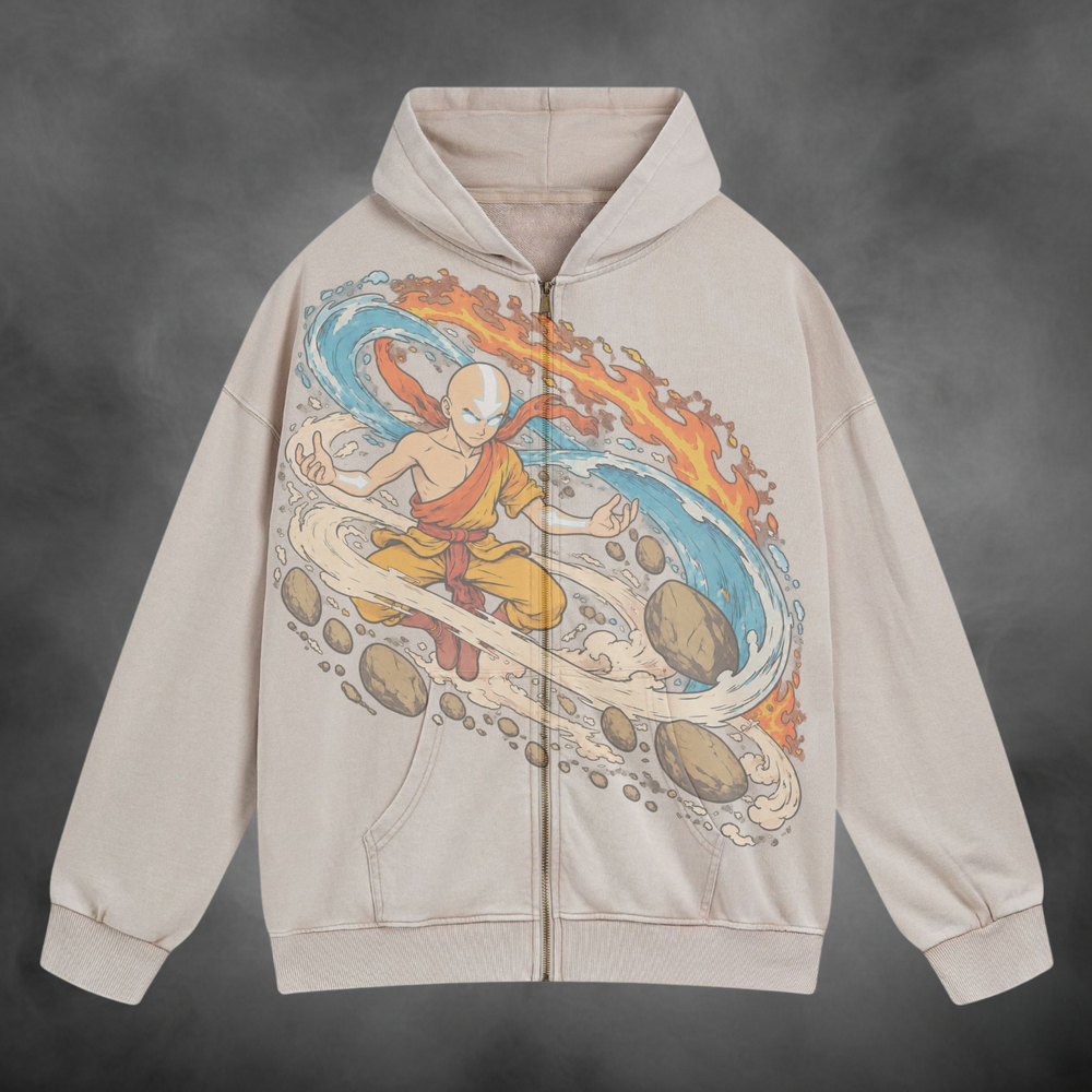 Aang Zipup V1 in cream, front view with artwork across the zipper