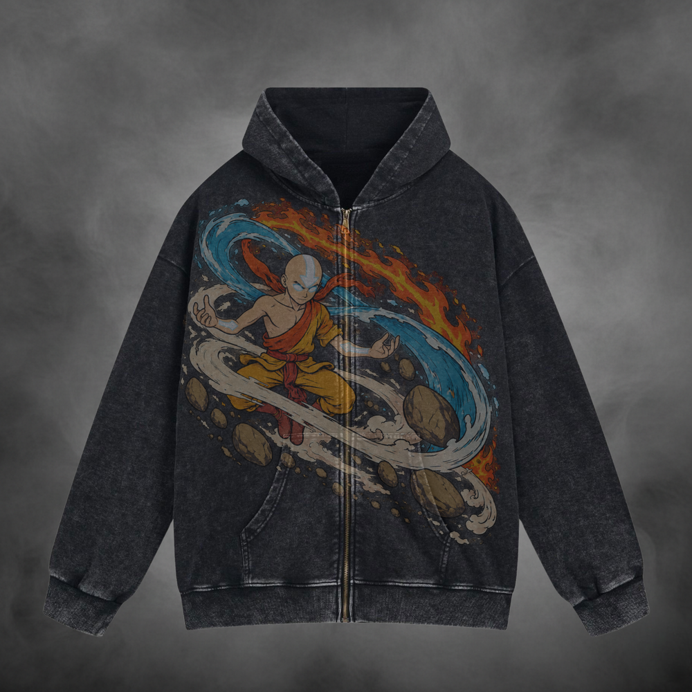 Aang Zipup V1 in washed black, front view with artwork across the zipper