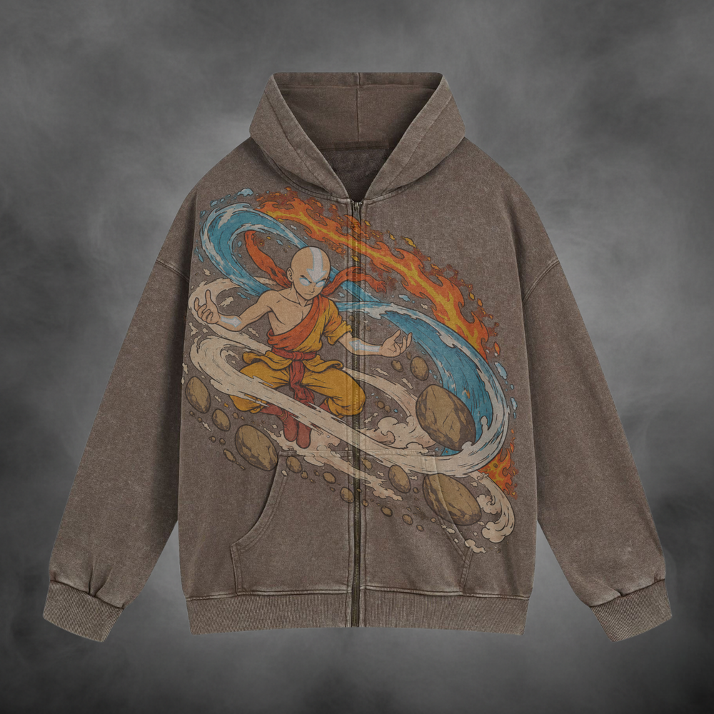 Aang Zipup V1 in washed brown, front view with artwork across the zipper