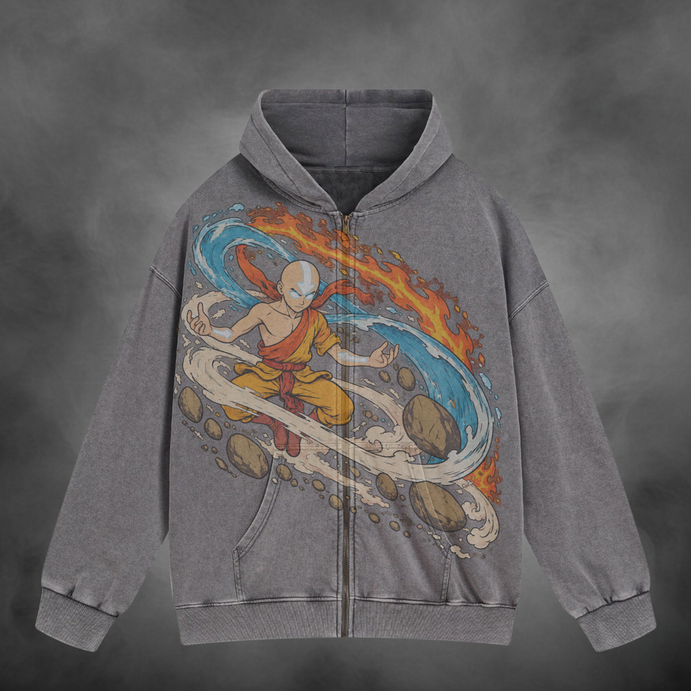 Aang Zipup V1 in washed gray, front view with artwork across the zipper