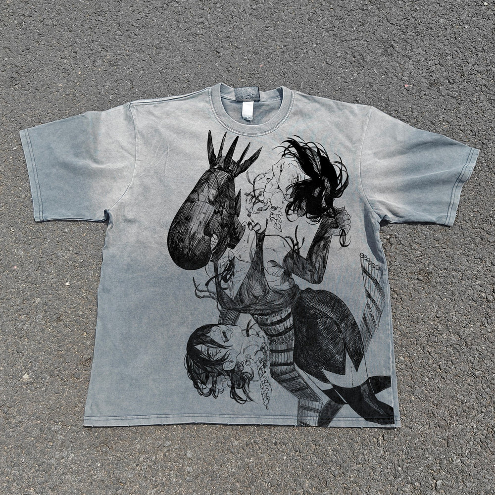 Acid-wash oversized all-over-print tee with Reze Bomb Devil anime graphic print.