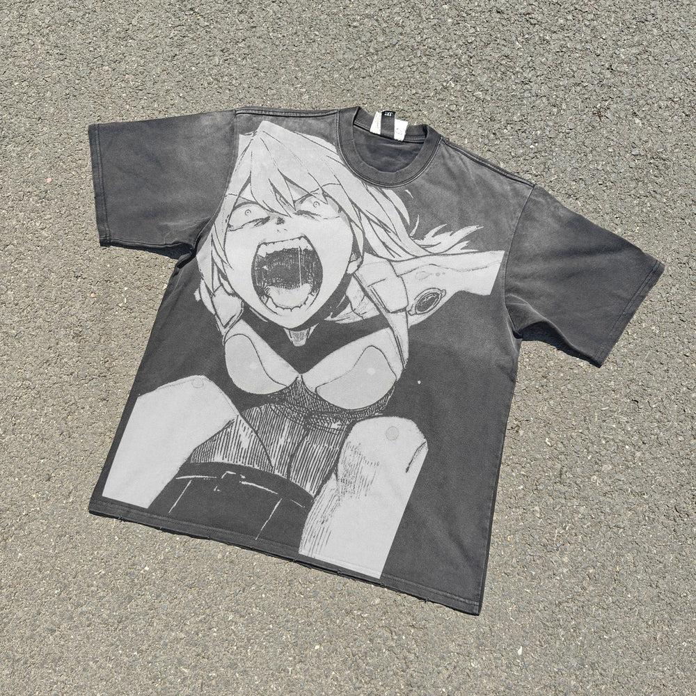 Acid-wash oversized all-over-print tee with Crimson Fury V1 anime graphic print.