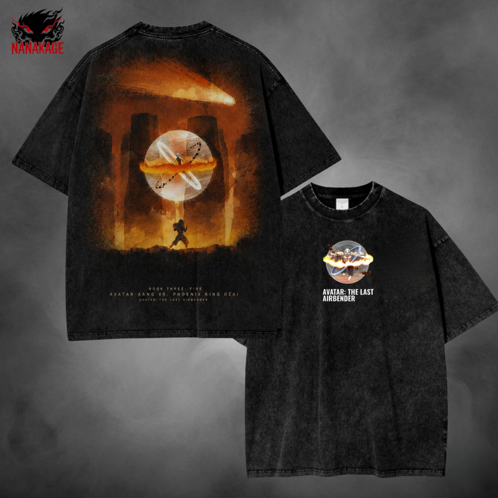 Acid-wash oversized t-shirt with Aang Ozai anime graphic print.