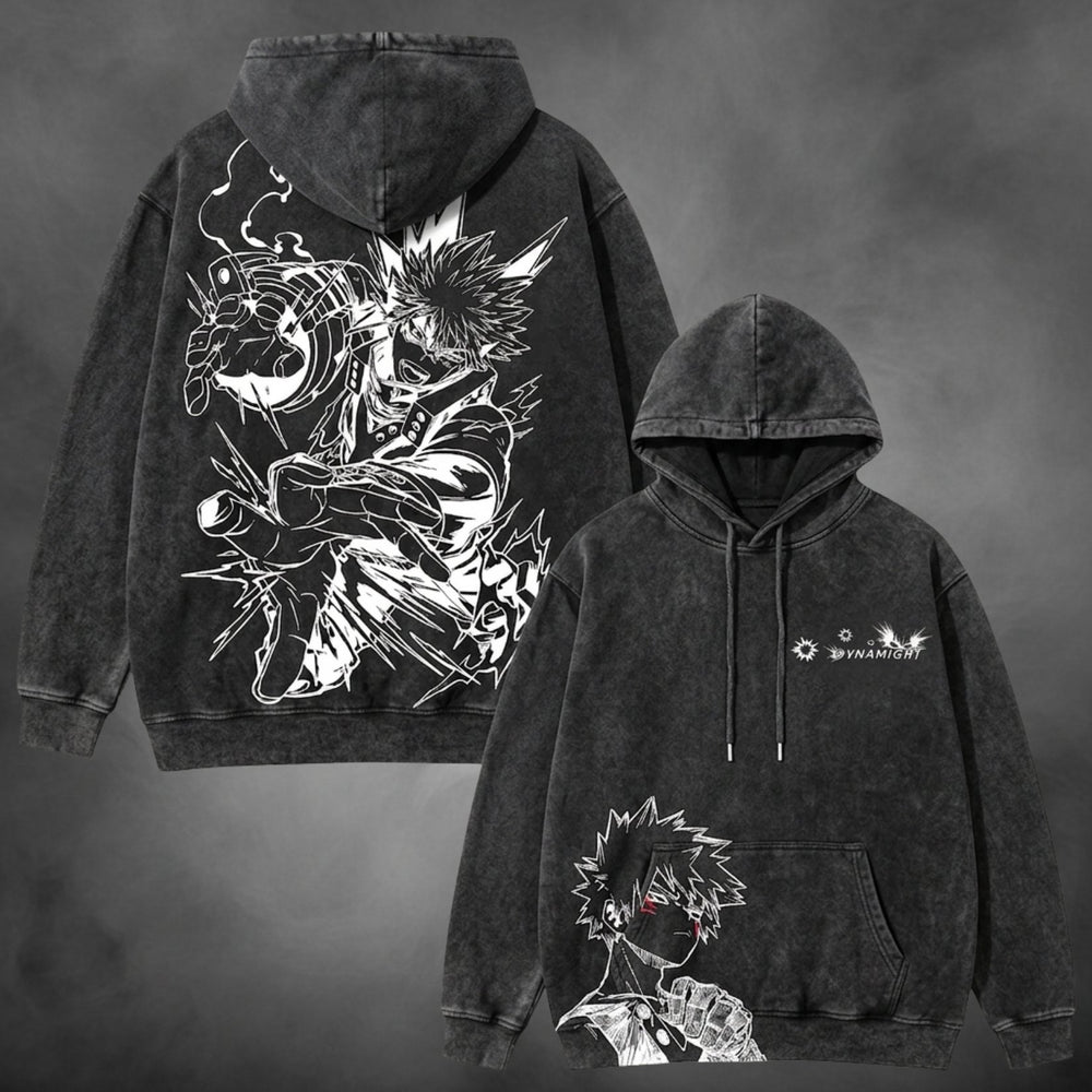 Black acid-wash oversized pullover hoodie with Bakugo Dynamight My Hero Academia anime graphic print.