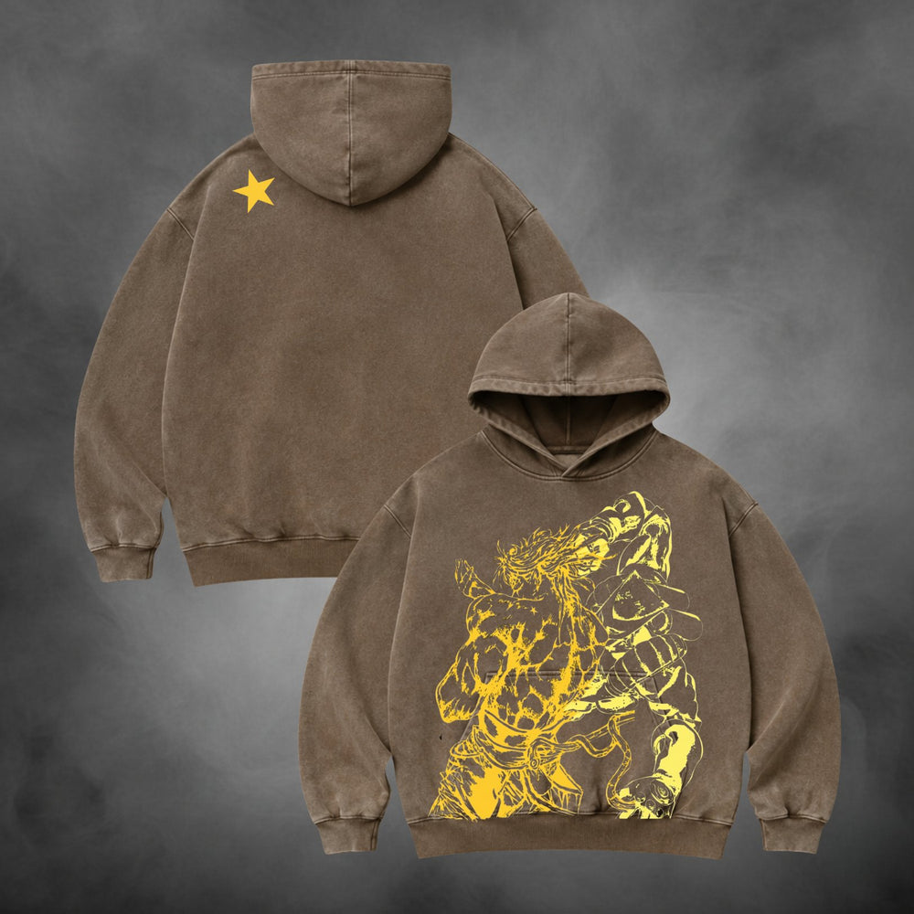 Acid-wash oversized pullover hoodie with Golden Battle anime graphic print.