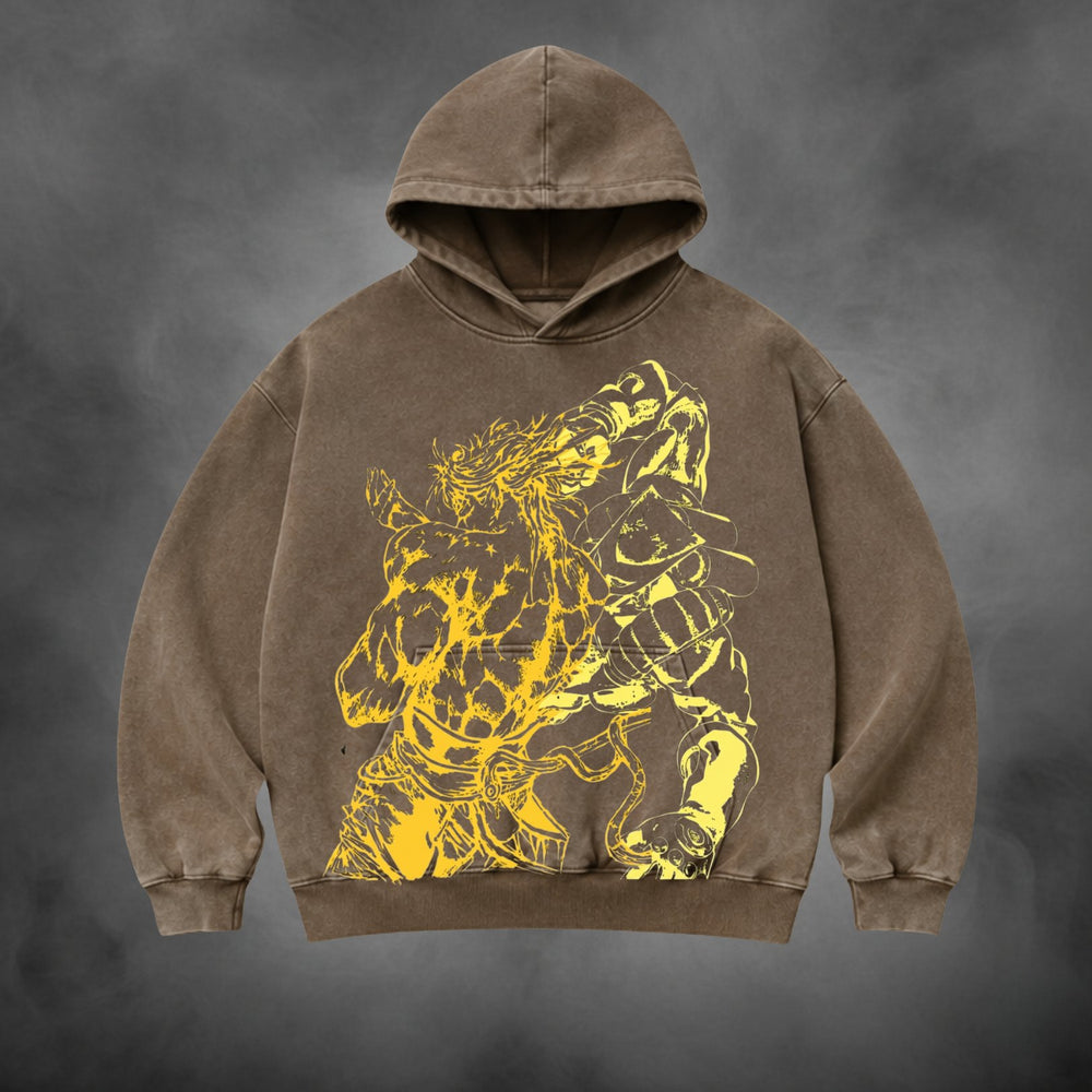 Acid-wash oversized pullover hoodie with Golden Battle anime graphic print.