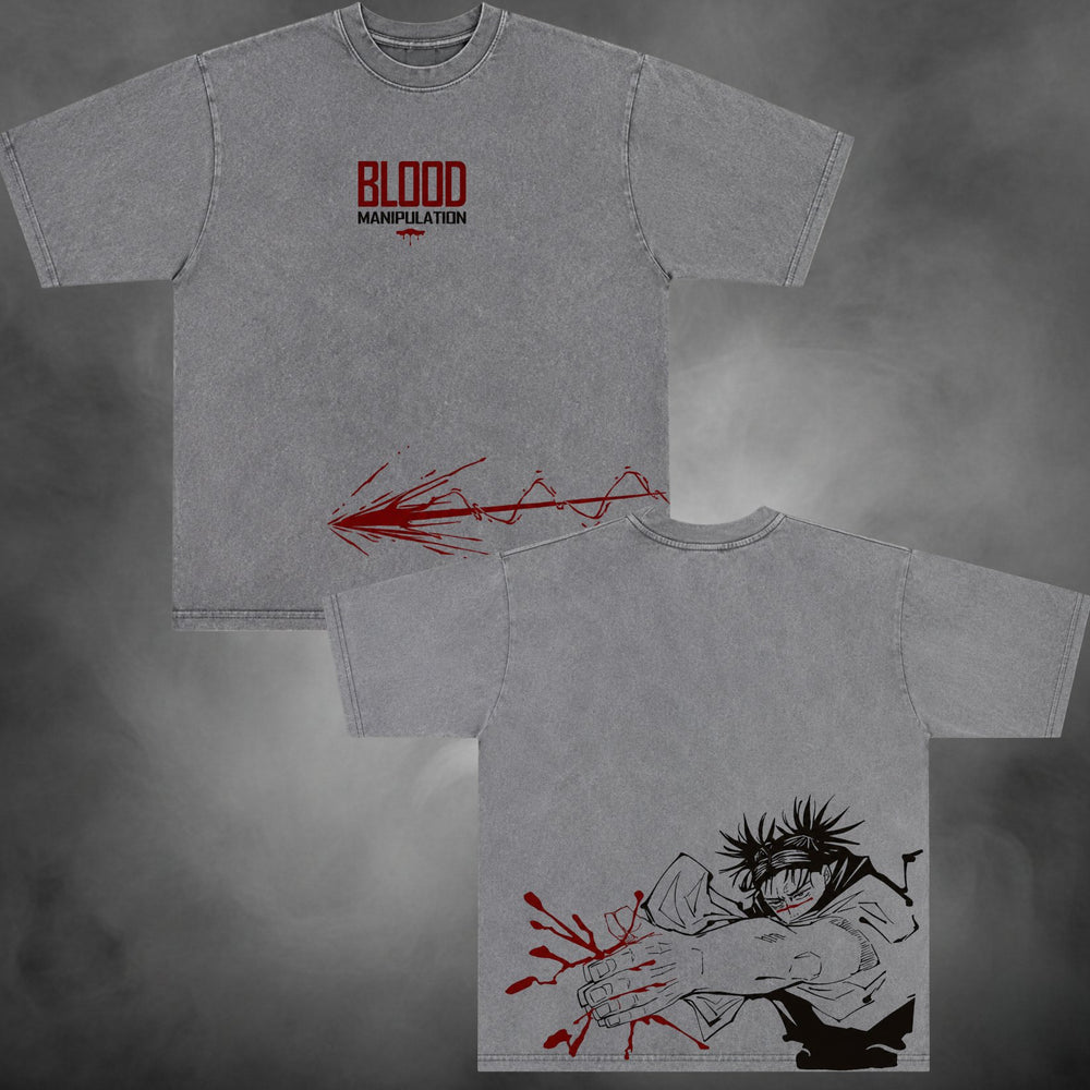 Gray acid-wash oversized t-shirt with Choso blood manipulation Jujutsu Kaisen anime graphic print.