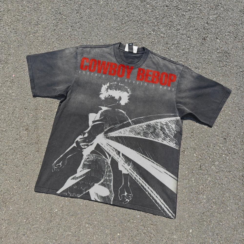 Acid-wash oversized all-over-print tee with Cowboy Bebop anime graphic print.