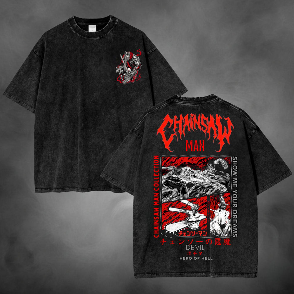 Acid-wash oversized t-shirt with Denji anime graphic print.