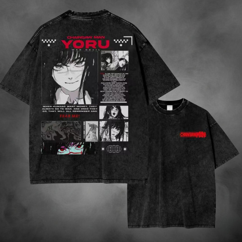 Acid-wash oversized t-shirt with Yoru anime graphic print.