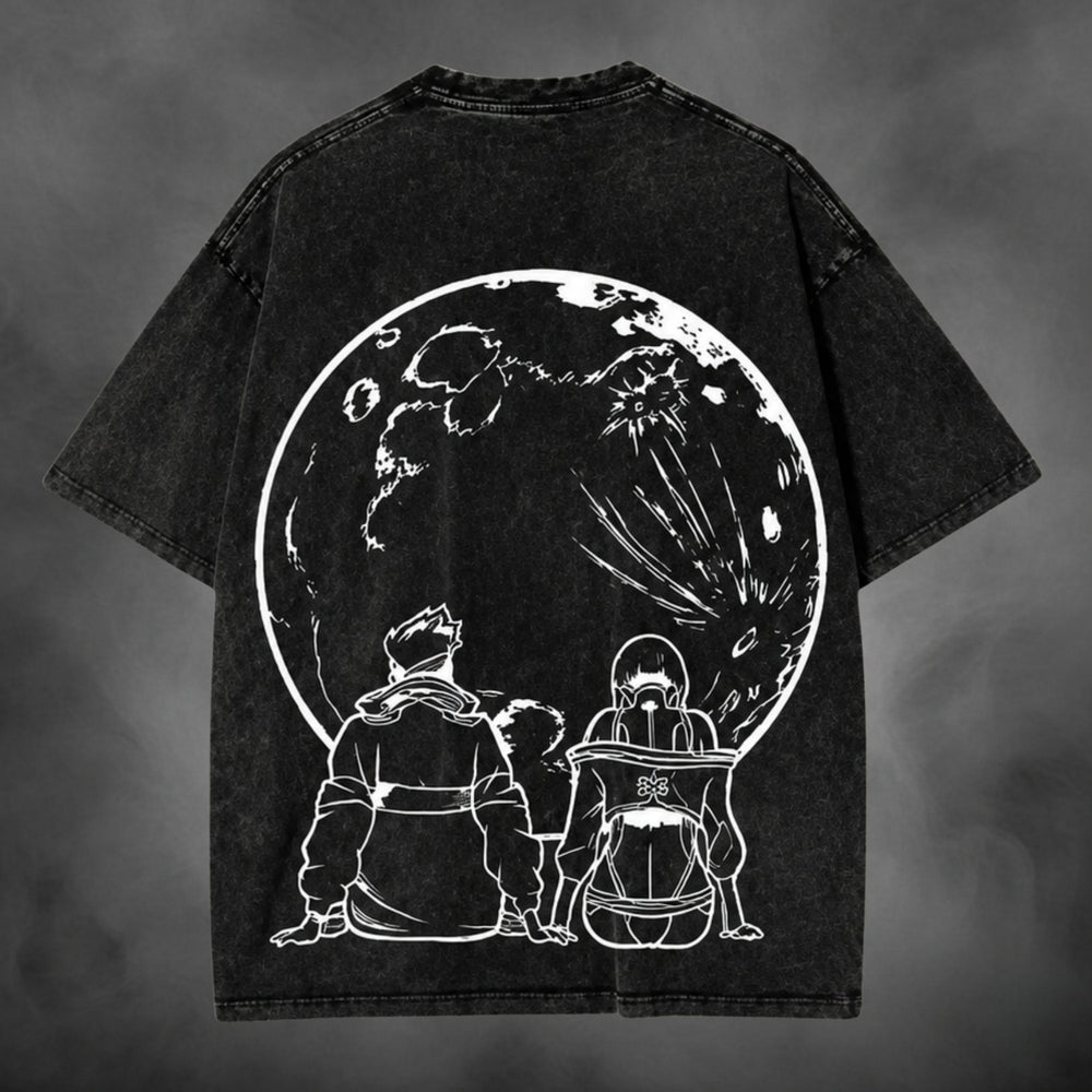 Acid-wash oversized t-shirt with Cyber Moon streetwear graphic print.