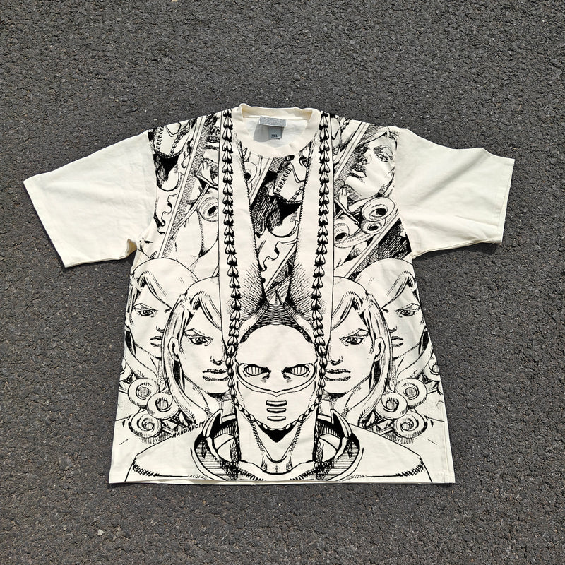 Acid-wash oversized all-over-print tee with D4C SBR anime graphic print.