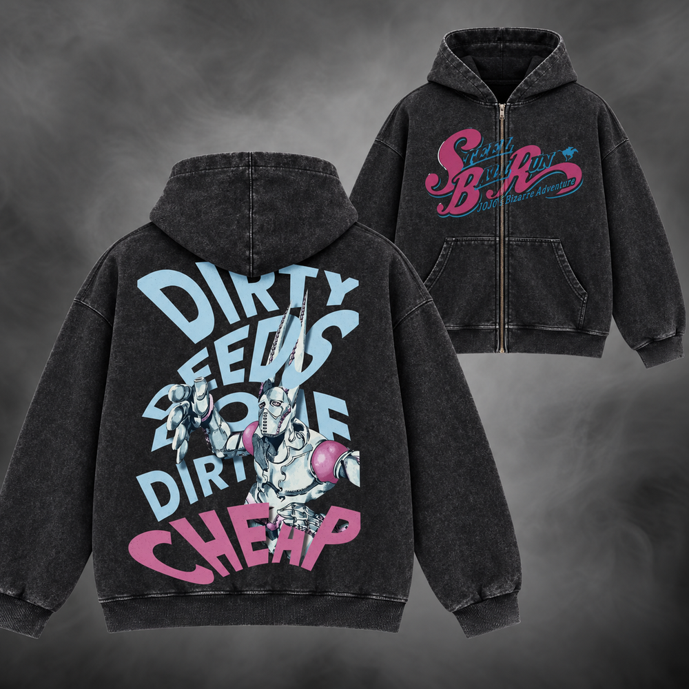 d4c sbr zipup v1, washed black, front and back views with original JoJo artwork