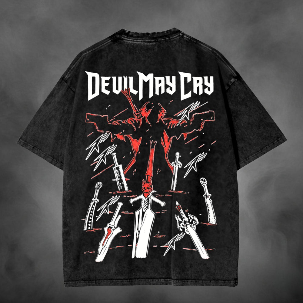 Black acid-wash oversized t-shirt with Dante Devil May Cry swords demon graphic print.