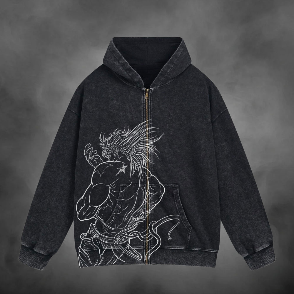 DIO Zipup V1 in washed black, front view with artwork across the zipper