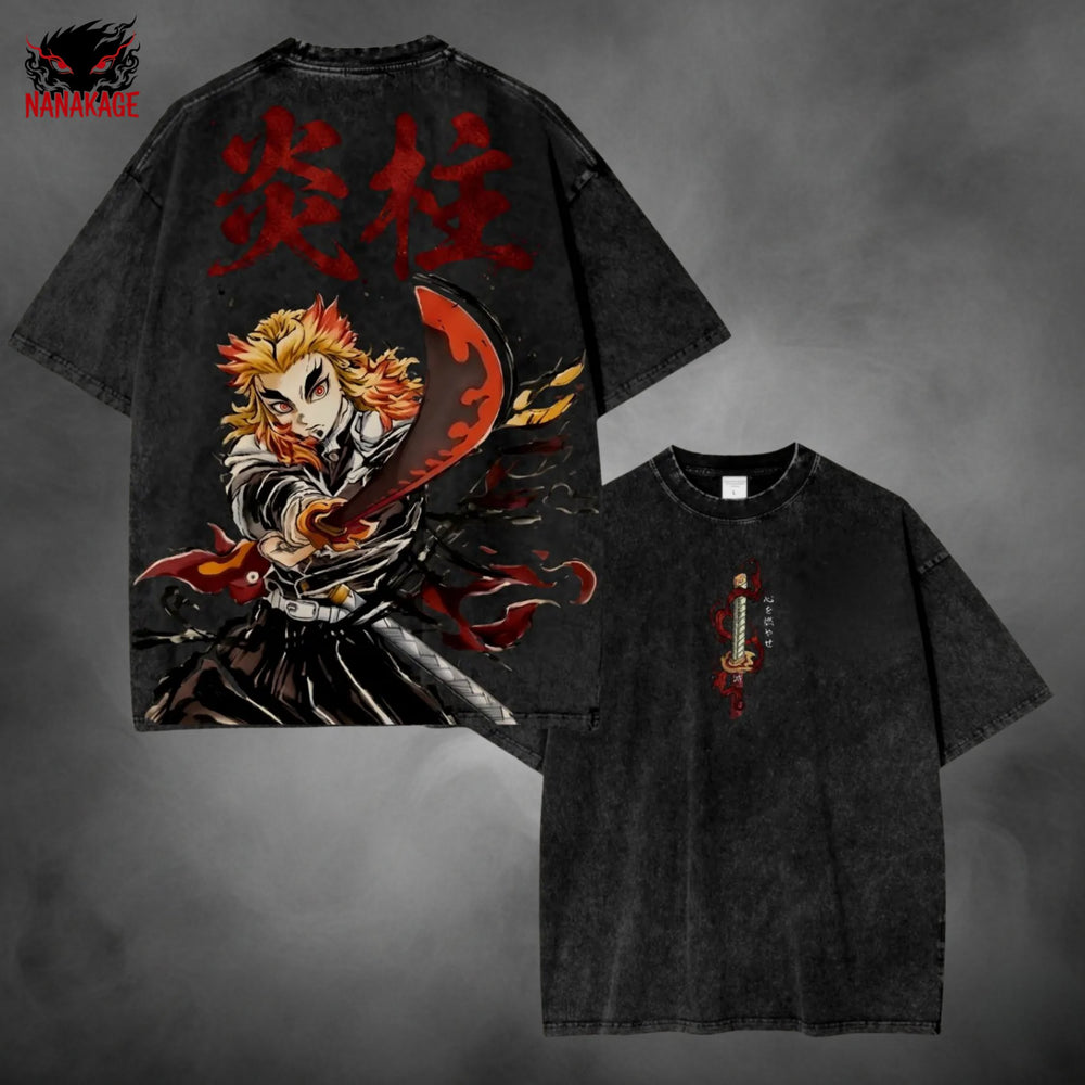 Acid-wash oversized t-shirt with Flame Hashira anime graphic print.