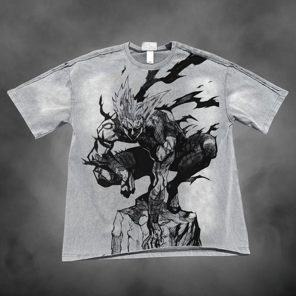 Acid-wash oversized all-over-print tee with Garou Monster Form anime graphic print.