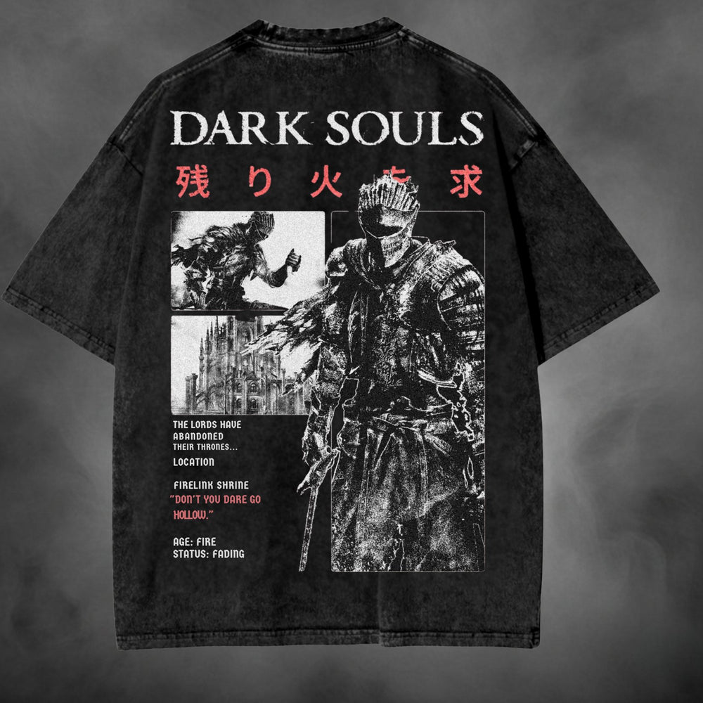 Acid-wash oversized t-shirt with Dark Souls game graphic print.
