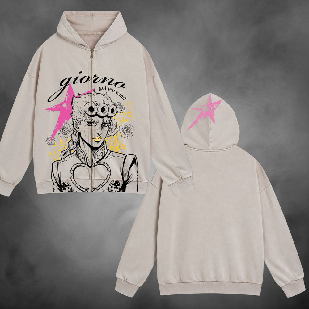 Giorno Zipup V1 in cream showing the front portrait and pink star on the hood
