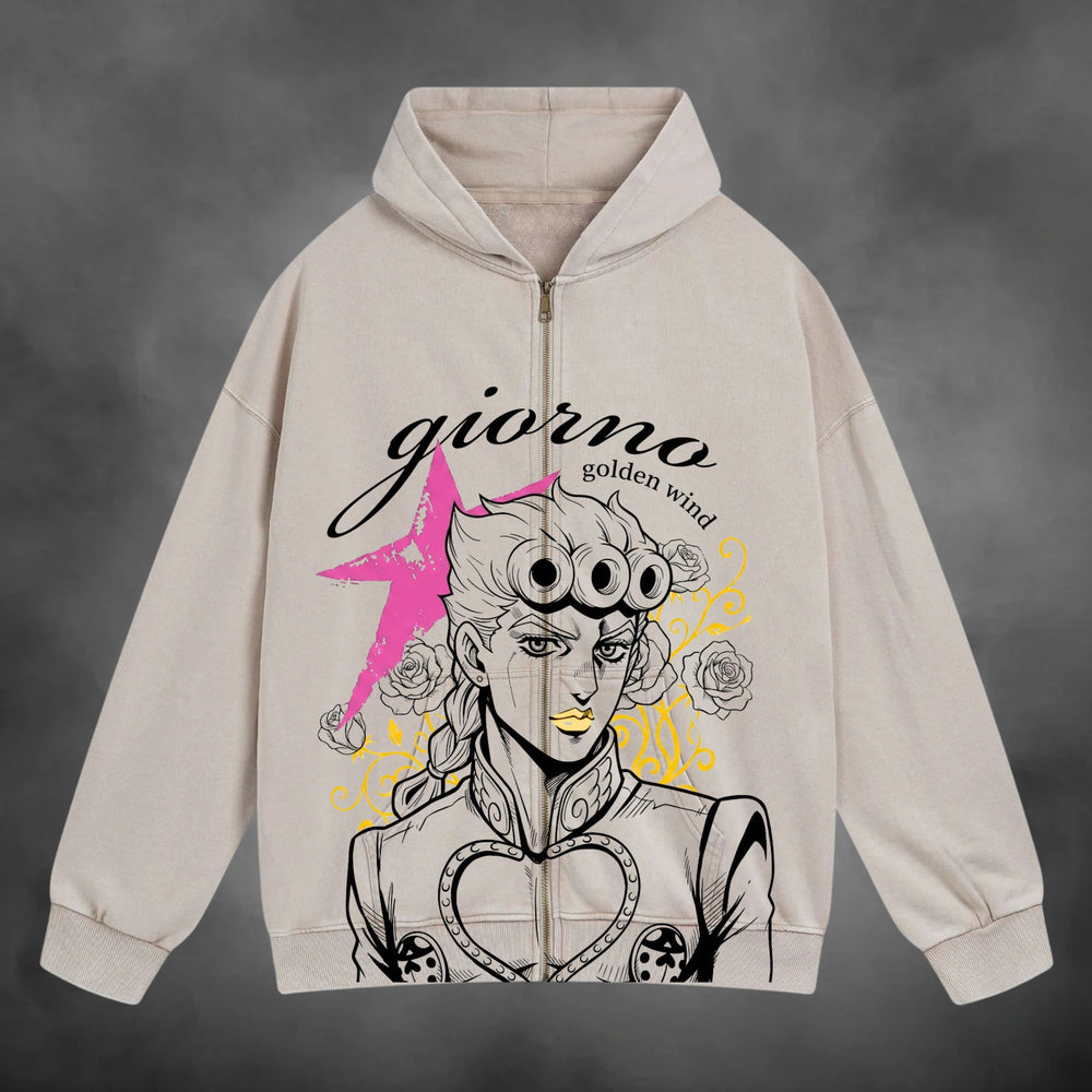 Giorno Zipup V1 in cream, front view with artwork across the zipper