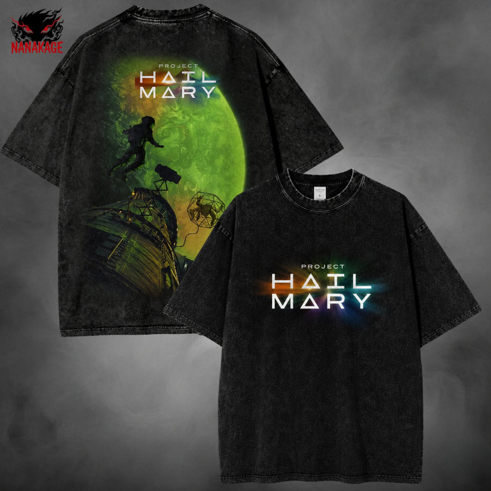 Acid-wash oversized t-shirt with Hail Mary Planet streetwear graphic print.