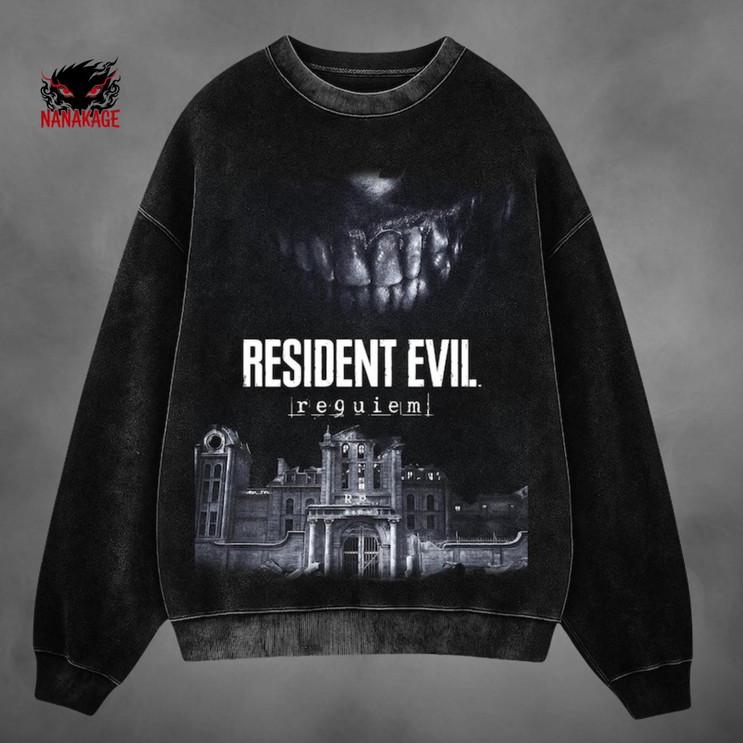 Acid-wash oversized pullover hoodie with Requiem anime graphic print.