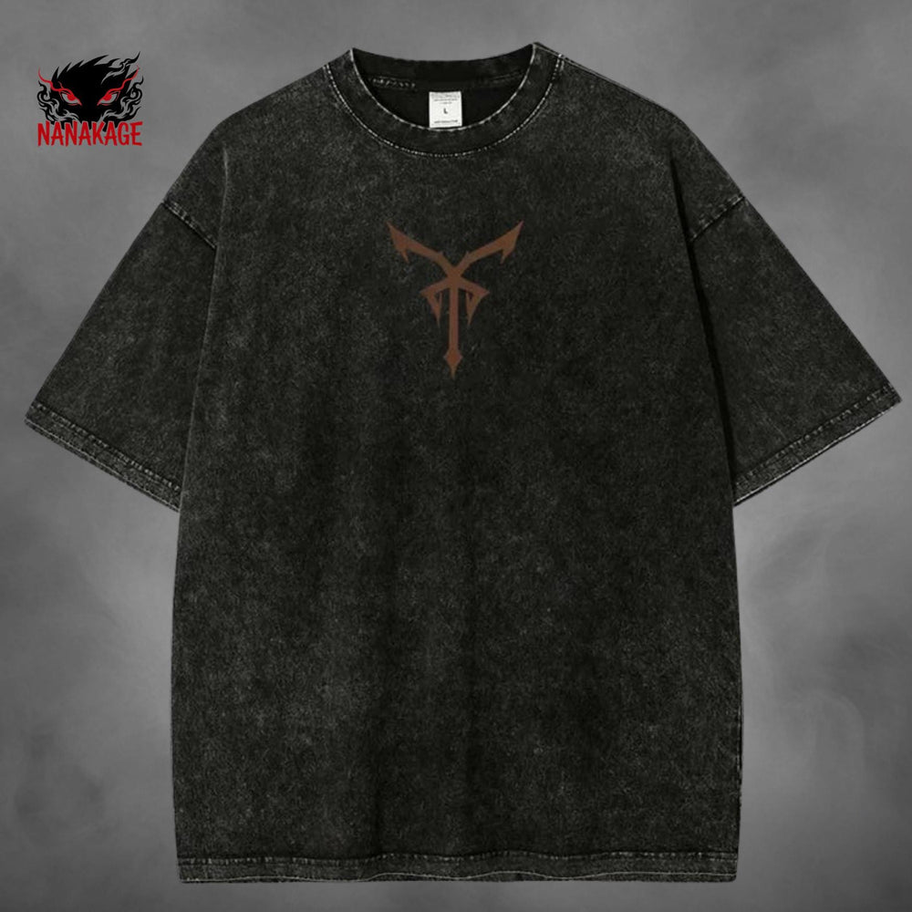 Black acid-wash oversized t-shirt with Leon Kennedy survival horror game graphic print.