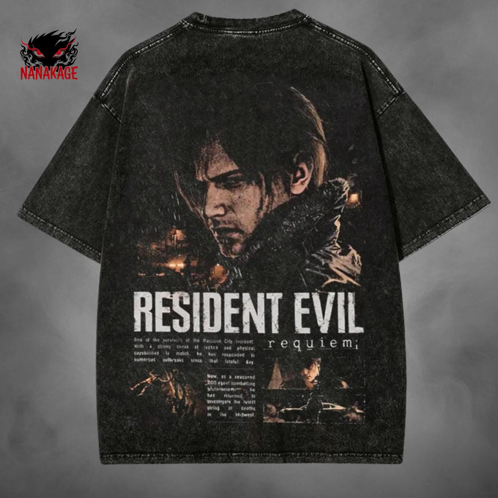 Black acid-wash oversized t-shirt with Leon Kennedy survival horror game graphic print.