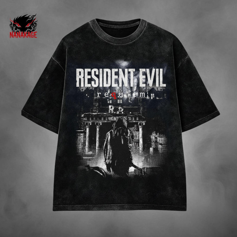 Black acid-wash oversized t-shirt with Leon Kennedy survival horror game graphic print.