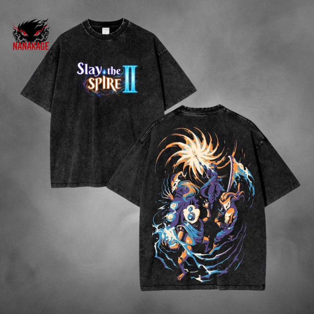 Black acid-wash oversized t-shirt with Slay The Spire indie game graphic print.