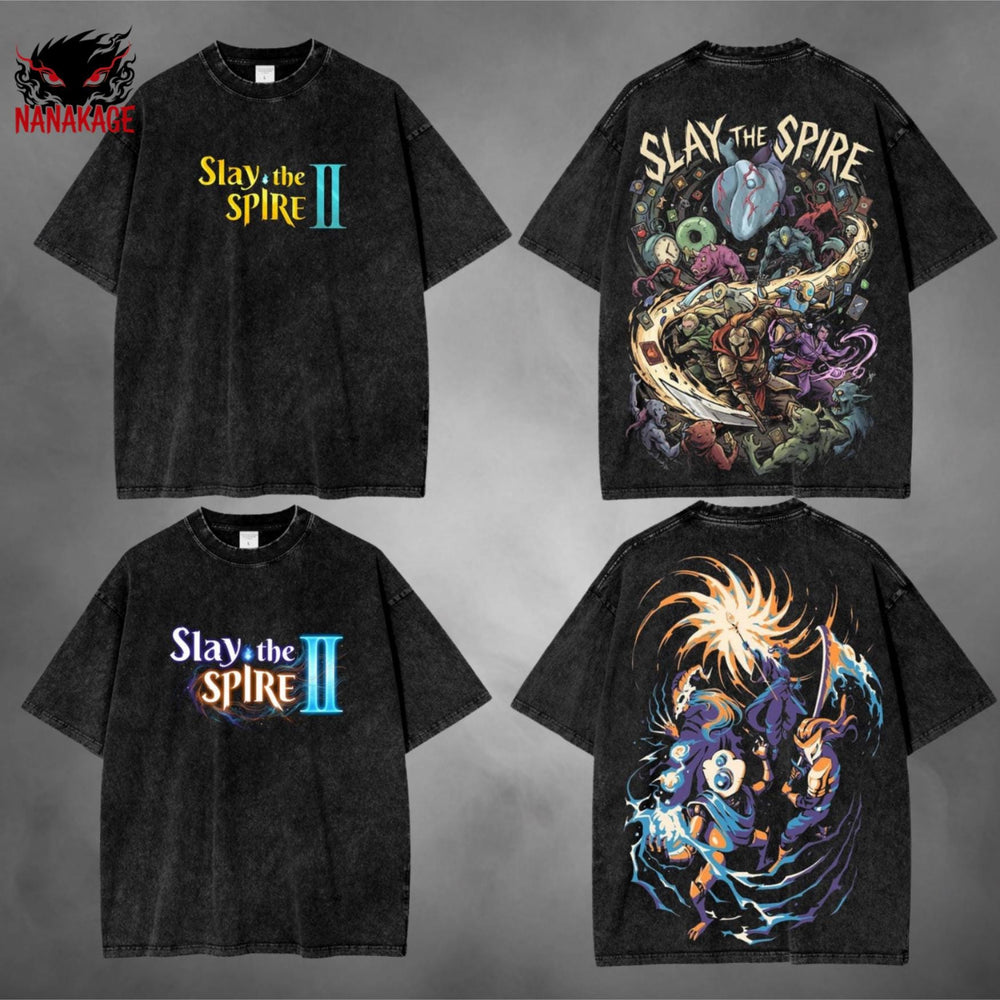 Gray acid-wash oversized t-shirt with Slay The Spire indie game graphic print.