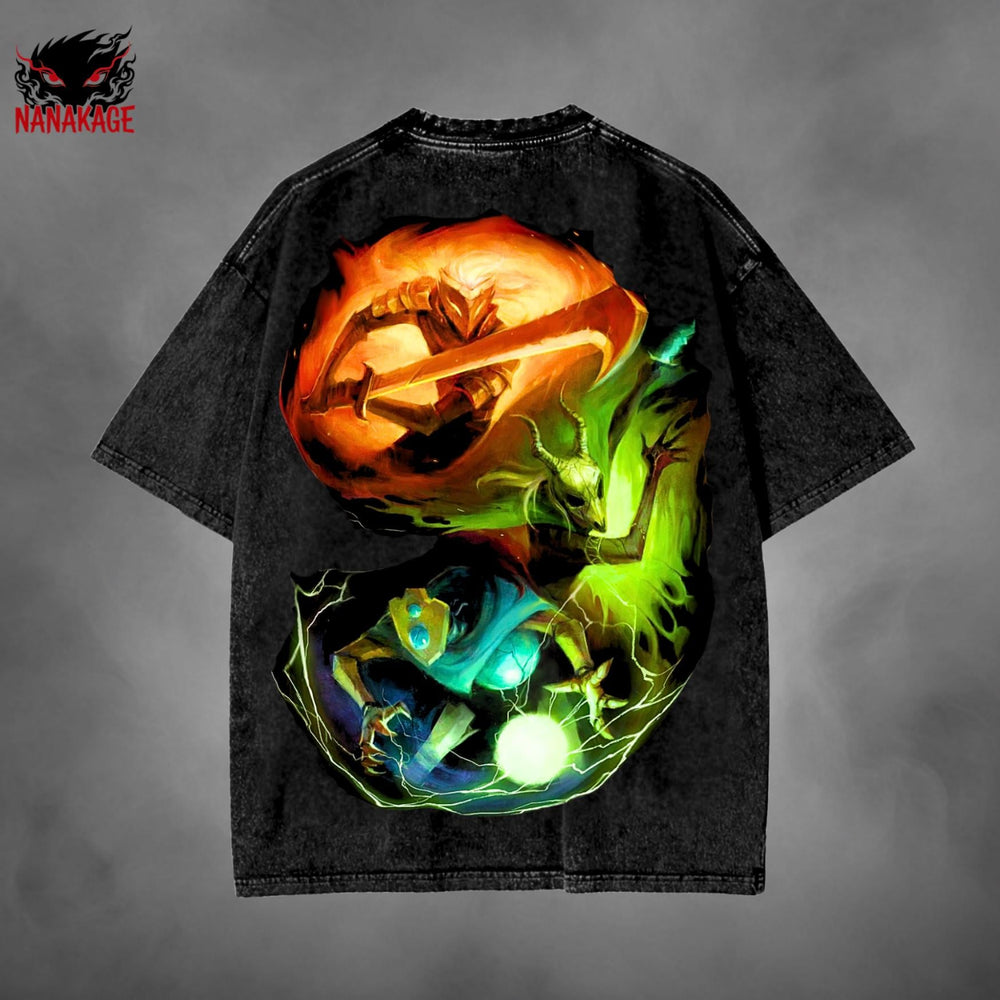 Black acid-wash oversized t-shirt with Slay The Spire indie game graphic print.