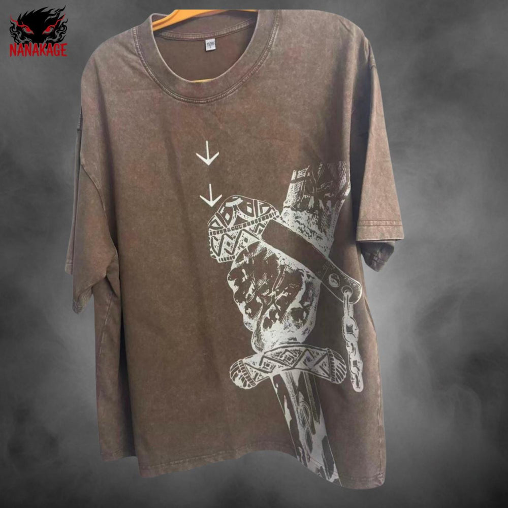 Black acid-wash oversized t-shirt with No Enemies anime graphic print.