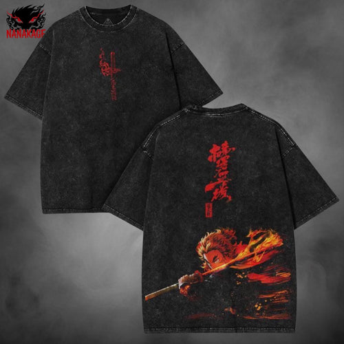 Black acid-wash oversized t-shirt with Flame Hashira anime graphic print.