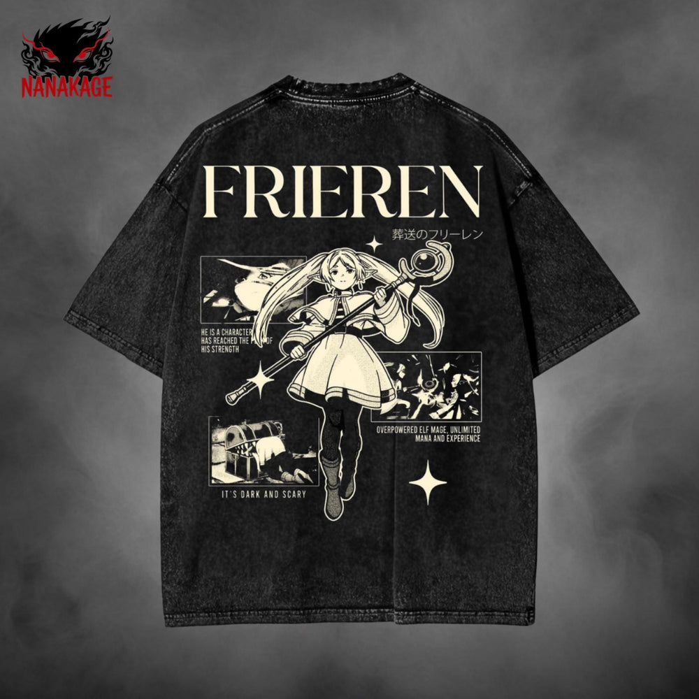 Black acid-wash oversized t-shirt with Frieren anime graphic print.