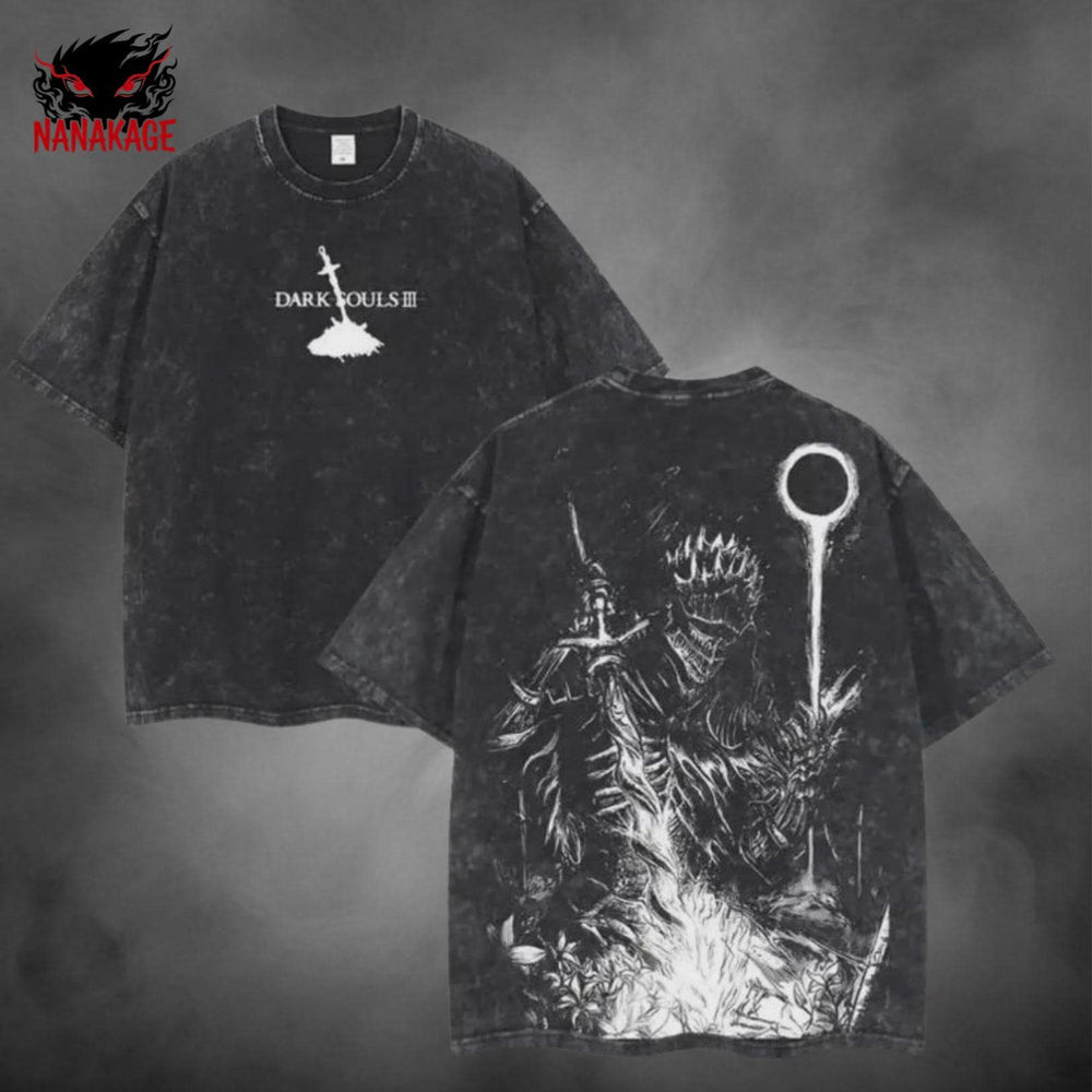 Gray acid-wash oversized t-shirt with Soulsborne video game graphic print.