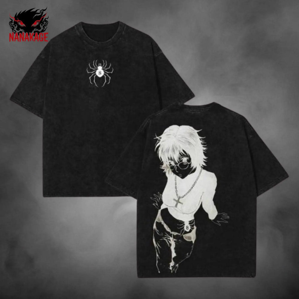 Black acid-wash oversized t-shirt with Hunter X Hunter anime graphic print.