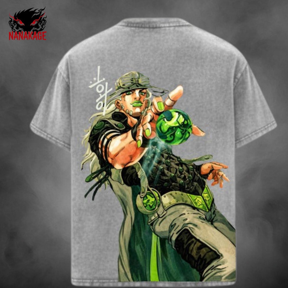 Black acid-wash oversized t-shirt with Gyro Zeppeli anime graphic print.