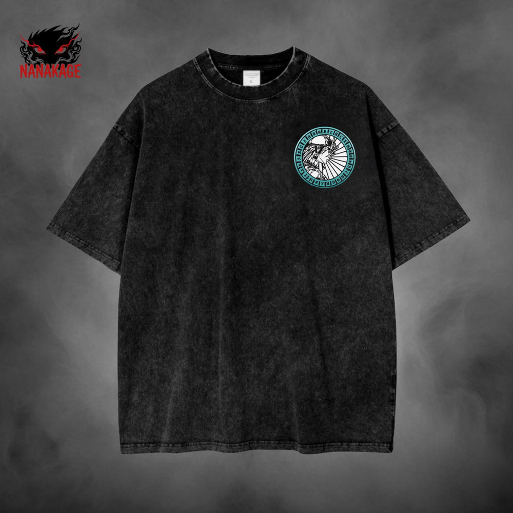 Black acid-wash oversized t-shirt with Diego Brando anime graphic print.