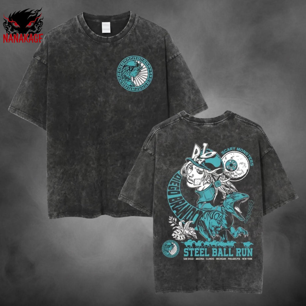 Black acid-wash oversized t-shirt with Diego Brando anime graphic print.