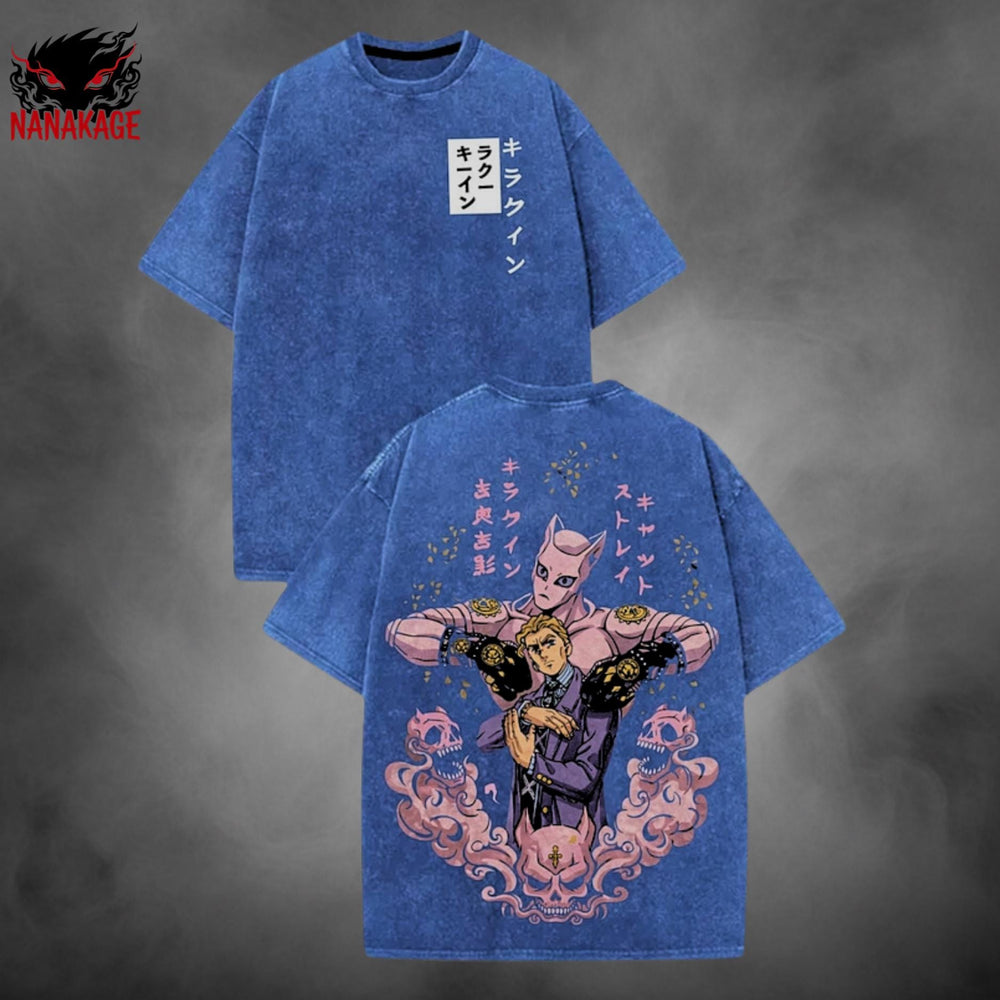 White acid-wash oversized t-shirt with Kira anime graphic print.