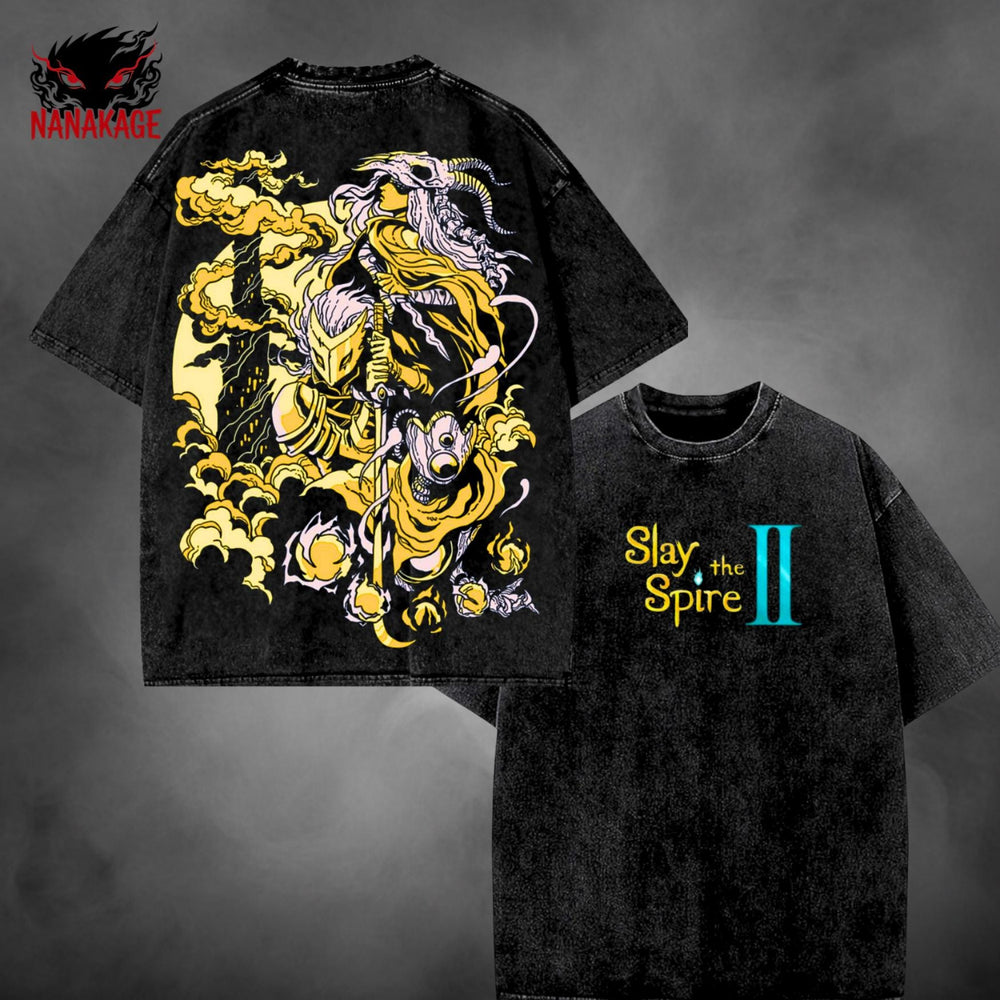 Black acid-wash oversized t-shirt with Slay The Spire indie game graphic print.