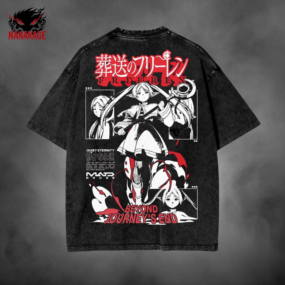 Gray acid-wash oversized t-shirt with Frieren anime graphic print.