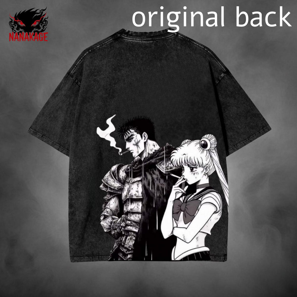 Black acid-wash oversized t-shirt with Guts X Usagi anime graphic print.
