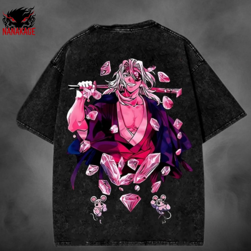 Black acid-wash oversized t-shirt with Sound Hashira anime graphic print.