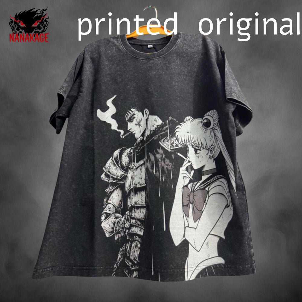 Black acid-wash oversized t-shirt with Guts X Usagi anime graphic print.