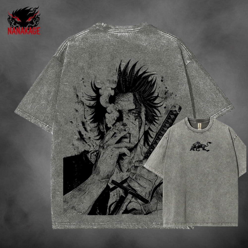 Brown acid-wash oversized t-shirt with Yami anime graphic print.