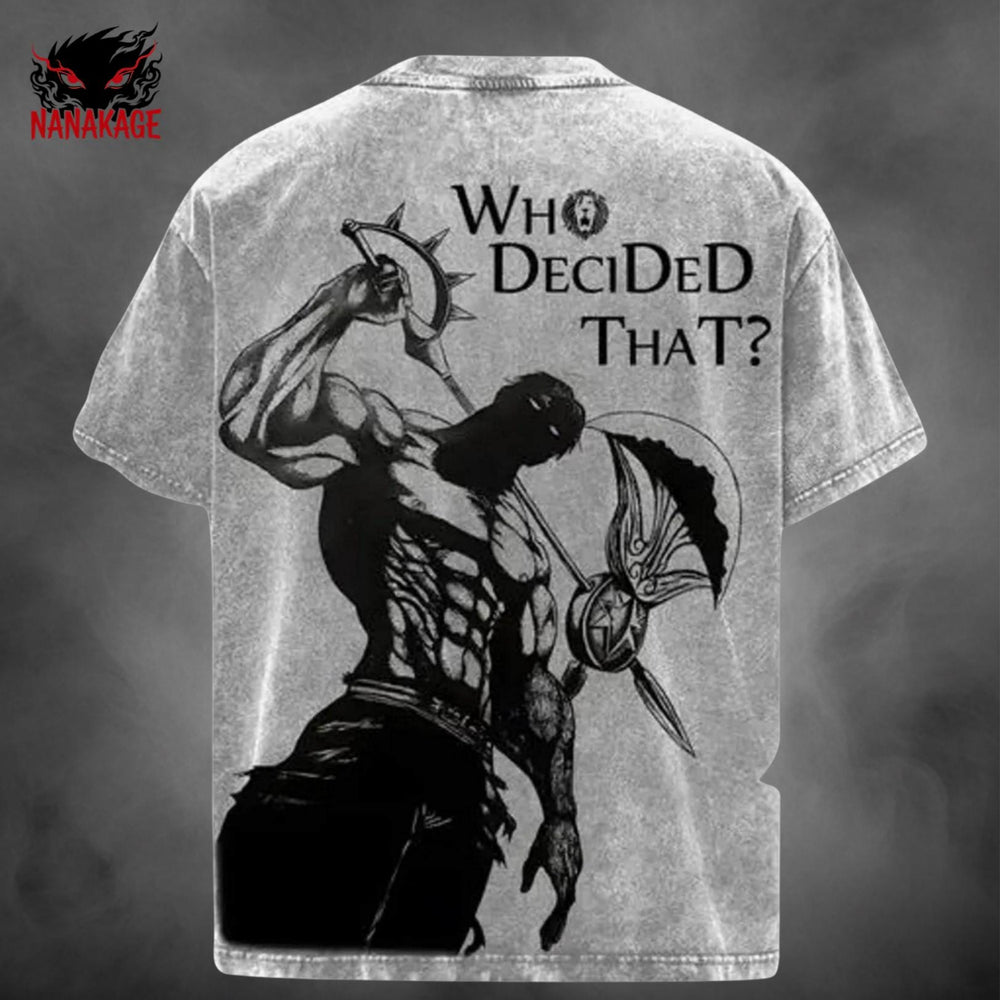 Acid-wash oversized t-shirt with Escanor anime graphic print.