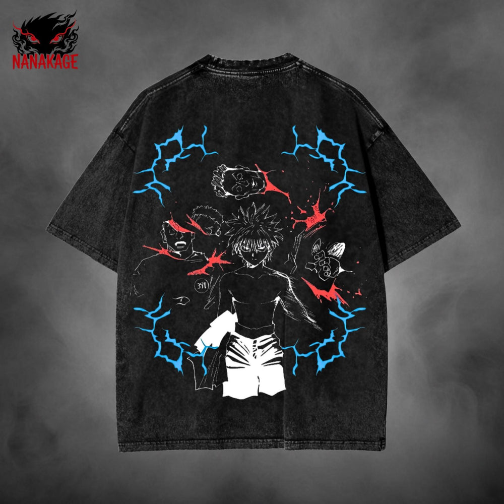 Black acid-wash oversized t-shirt with Hunter X Hunter anime graphic print.