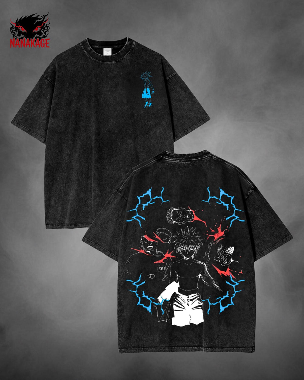 Gray acid-wash oversized t-shirt with Hunter X Hunter anime graphic print.
